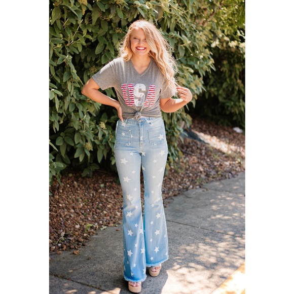 PRICE DROP Light Wash Star Print Flare Jeans - Picture 2 of 9